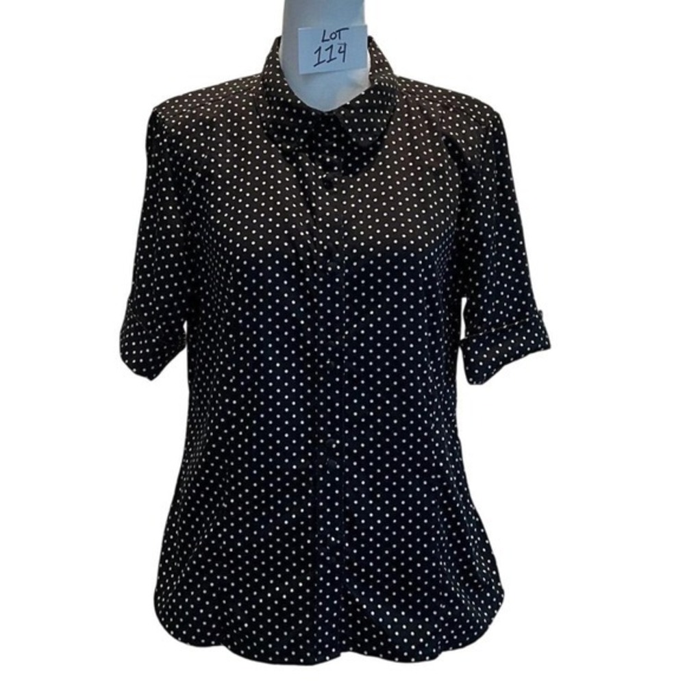 Talbots Womens 12P Black Polka Dot Stretch Cotton Sateen Button Down Shirt Top